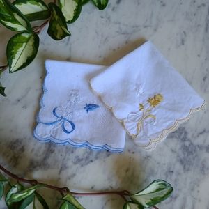 Vintage Floral Embroidered Scalloped Edge Cotton Handkerchief Set of 2 - 9x9.5"
